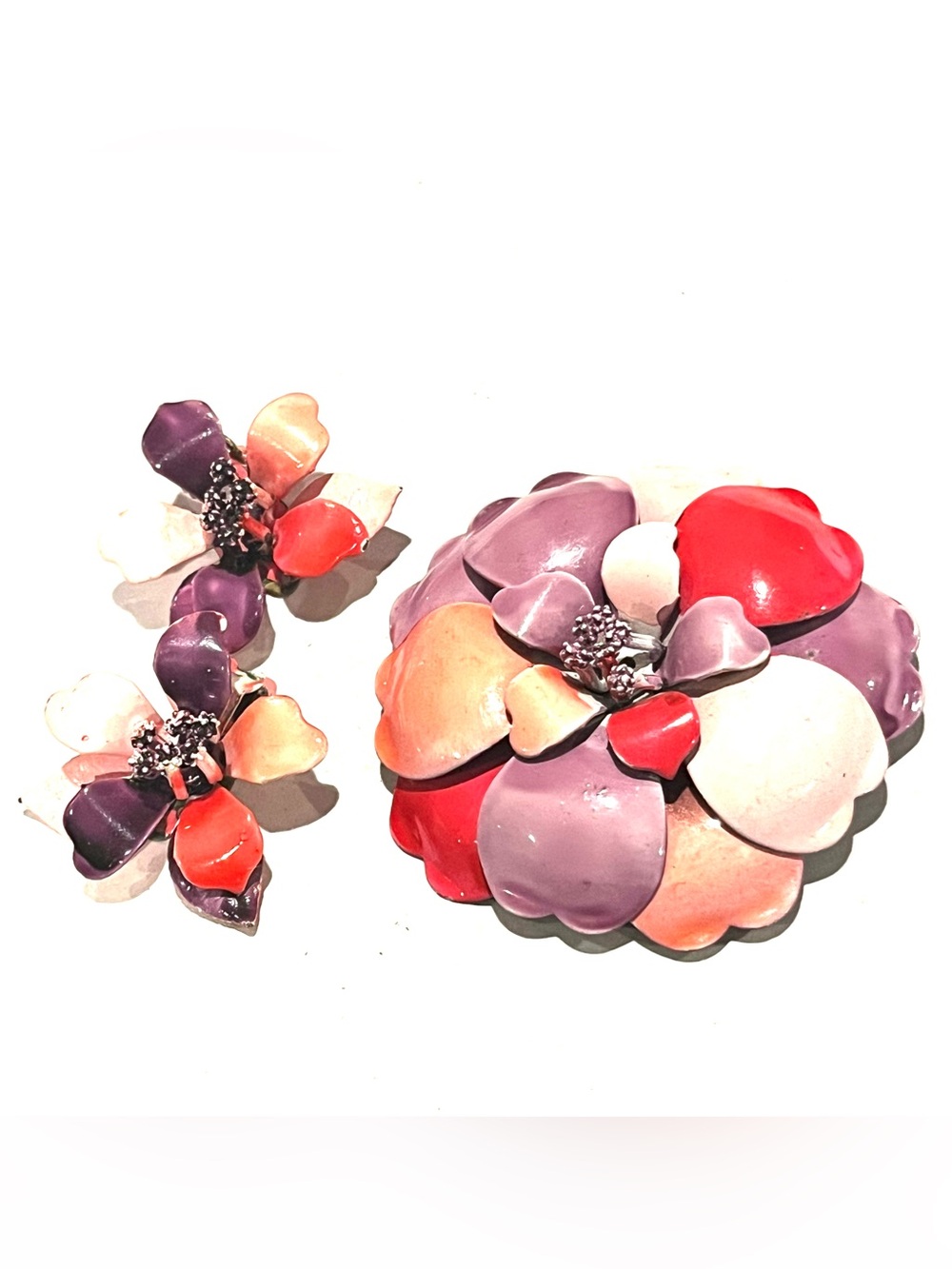 Vintage Lisner Floral Enamel Brooch and Earring Clip-ons Set - Multicolor